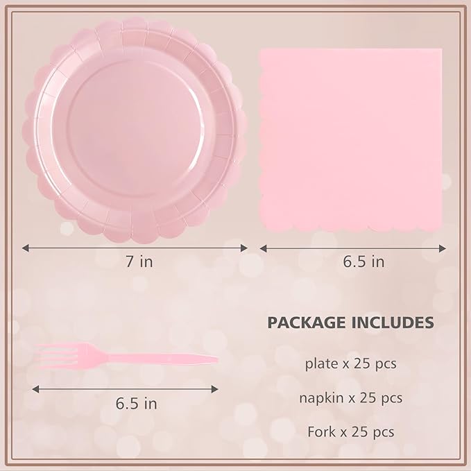 Pink Paper Plates and Napkins,7 Inch Pink Scalloped Disposable Dessert Plates Paper Napkin Fork Party Supplies for Mothers Day Wedding Baby Shower Birthday(25 Guest)