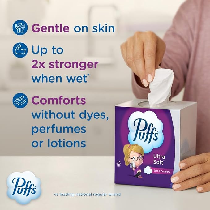 Puffs Ultra Soft Non-Lotion Facial Tissues, 1 Family Box, 124 Tissues Per Box