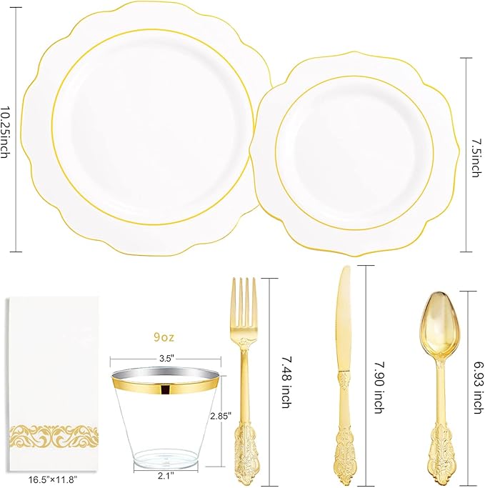 NOCCUR 175PCS Gold Plastic Plates with Disposable Silverware - White Gold Plastic Tableware Include 25 Dinner /25 Dessert Plates, 75 Cutlery, 25 Cups, 25 Napkins - Ideal for Party/Wedding