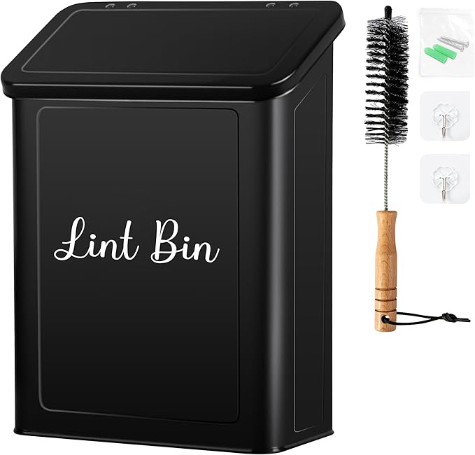 Metal Magnetic Lint Bin for Laundry Room, Wall Mounted Laundry Lint Bin with Lid & Lint Brush, Modern Farmhouse Laundry Room Decor