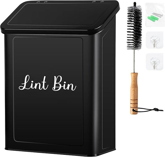 Metal Magnetic Lint Bin for Laundry Room, Wall Mounted Laundry Lint Bin with Lid & Lint Brush, Modern Farmhouse Laundry Room Decor