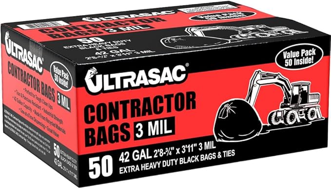 Ultrasac Contractor Bags, 42 Gallon, 32.75" X 47" - 3 MIL Thick Large Black Trashbags for Construction and Commercial use - (1 Pallet of 112 Cases, 5600 Bags Total), 50 Ct. (719963)