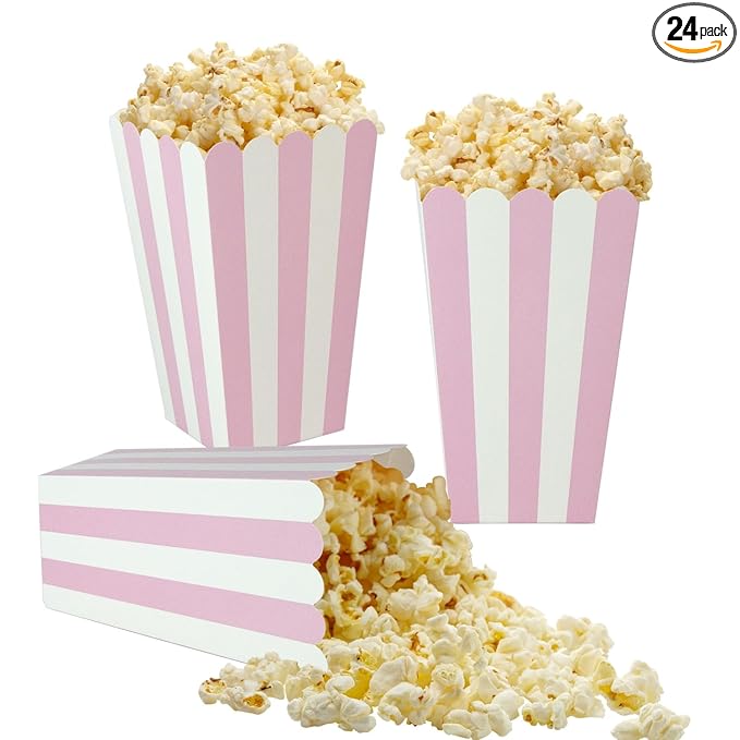XIEHE 24 Pack Striped Popcorn Boxes - Carnival Parties Mini Paper Popcorn and Candy Containers, Party Supplies for Movie Nights (Pink)