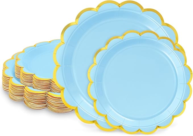 50 Pcs Light Blue Paper Plates, 25 Pcs 9" and 25 Pcs 7" Disposable Light Blue Scalloped Plates with Gold Foil for Graduation Wedding Baby Shower Birthday Party Picnic BBQ