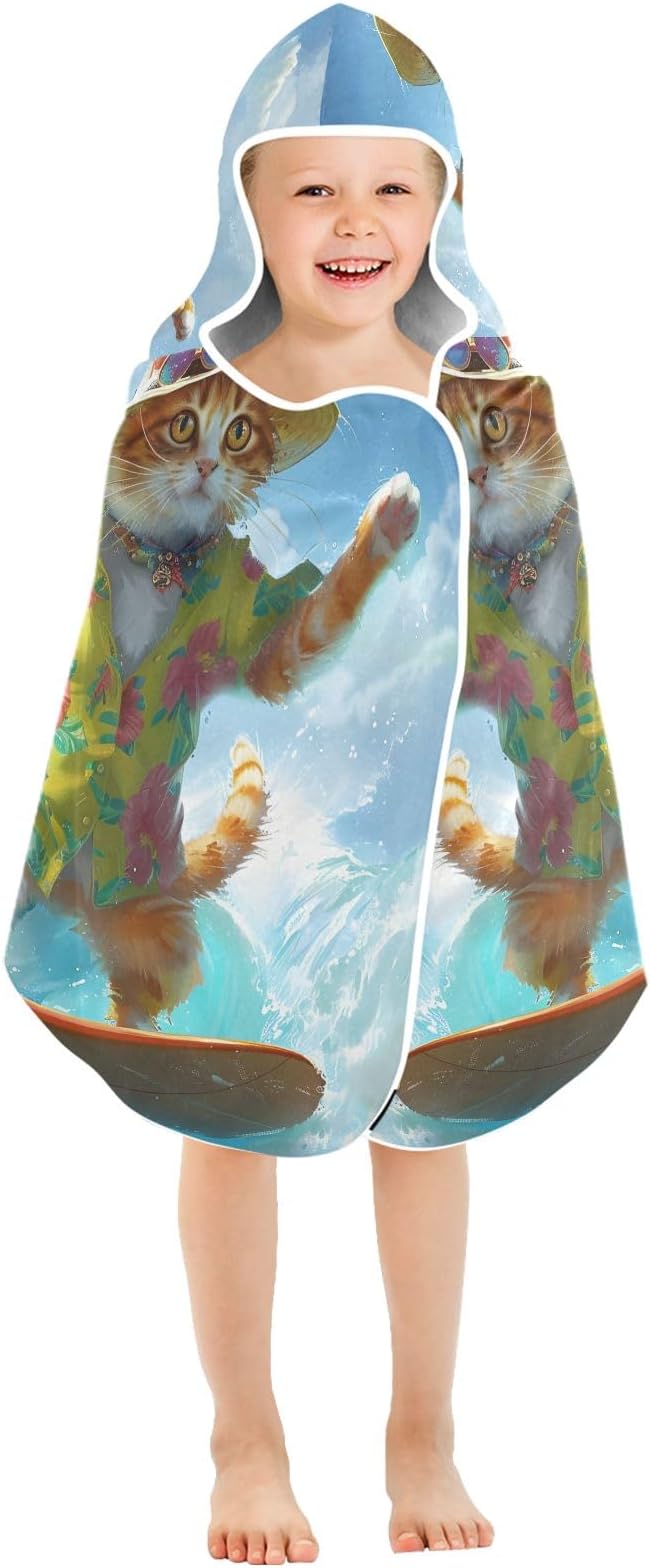 Hooded Towel for Kids Summer Cat Surfing Beach Wrap Bath Towels 50x23.5in