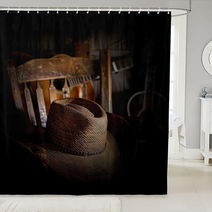 Western Cowboy Bathroom Shower Curtain Set Vintage Guitar Shower Curtain Country Western theme Bath Curtain for Stalls Bathtubs Retro Cowboy Style Waterproof Bathroom Curtains Room Decor 72x84 Inch