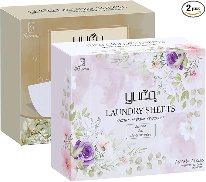 YUCO Laundry Detergent Sheets Amber Sandalwood and Jasmine Lily of the Valley Scent Total 160 Loads, Laundry Soap Washer Sheet, Liquidless Detergent Sheets for Travel, Hypoallergenic, Pack of 2