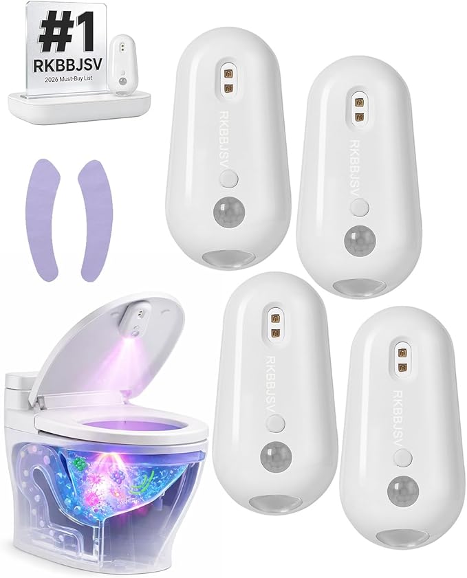 Self Cleaning UV Toilet Sanitizer and Night Light, Motion-Activated, USB Rechargeable, Adhesive-Mounted, 6-Color RGB Mode, IPX5 Waterproof for Shared Bathroom, Elderly & Pet(4pcs)