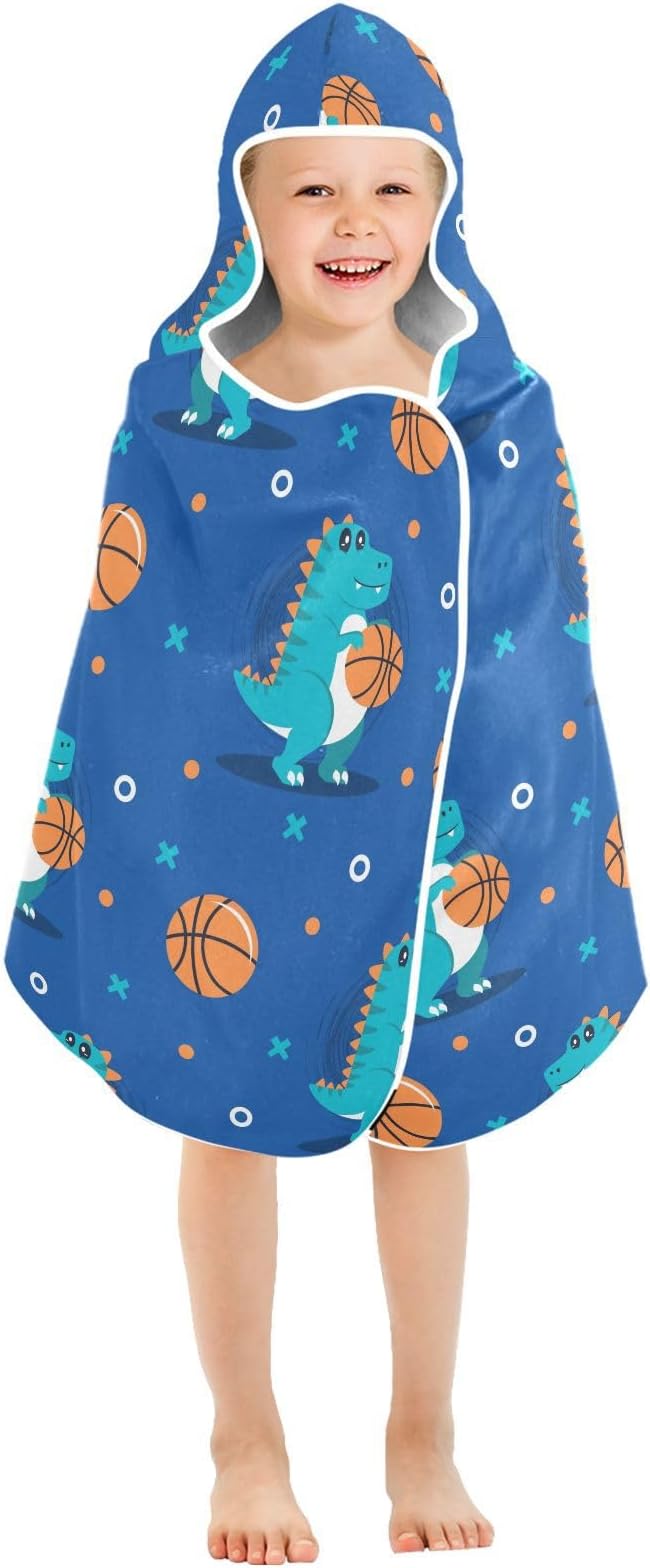 susiyo Kids Hooded Bath Towel Dinosaur Play Basketball Beach Towel for Kids 23.5 x 50 Inch Microfiber Soft Absorbent Quick Dry Bath Swim Pool Towel Wrap Poncho Bathrobe with Hood for Kids Toddler