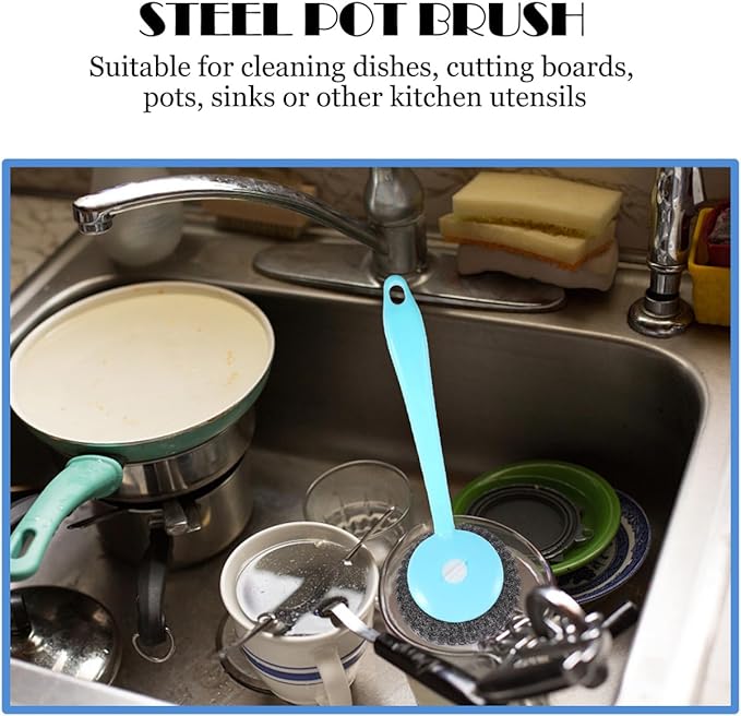 Kitchen Pot Scrubber with Handle and 8 Stainless Steel Wire Balls Dish Cleaning Brush for Pots Pans Sinks 9.64X3.14X2.55In