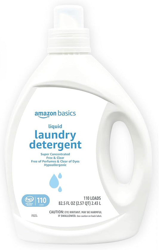 Amazon Basics Concentrated Liquid Laundry Detergent, Hypoallergenic, Free of Perfumes & Clear of Dyes, High Efficiency, 110 Loads, 82.5 Fl Oz (Previously Solimo)