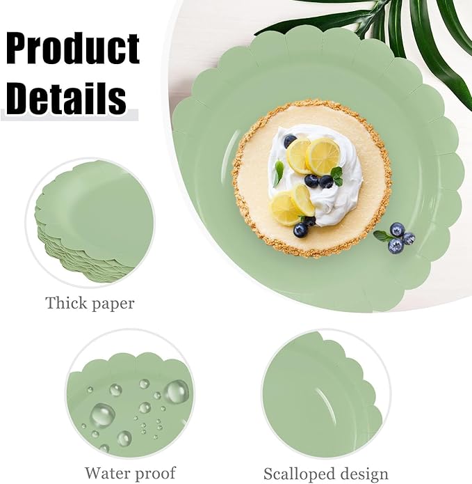 HEIPINIUYE 25 Pieces Sage Green Paper Plates 9 Inch Sage Scalloped Plates Disposable Dinner Plate for Wedding Baby Shower Birthday Party Dessert Plate