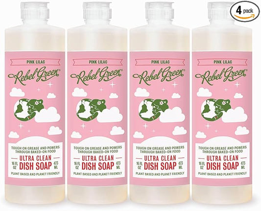Rebel Green Super Deluxe Dish Soap - Natural Dishwashing Soap - Liquid Dish Detergent - Sustainable Dish Liquid Scented with Pink Lilac - (16 oz Bottles, 4 Pack)