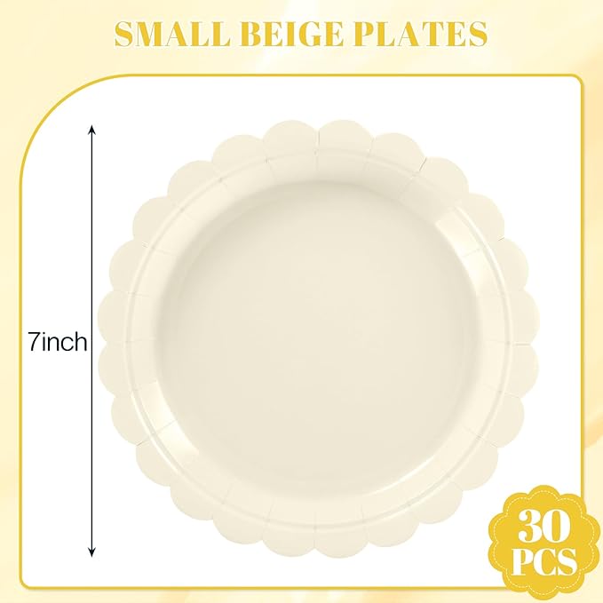 NatNarr 30 Pcs Dessert Plates Disposable, 7 Inch Ivory Paper Plates Scalloped Small Cake Appetizer Birthday Plate Cream Party Plate for Wedding, Baby Bridal Shower