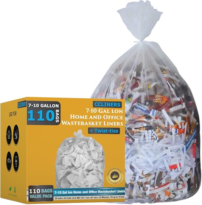 7-10 Gallon Clear Garbage Bags (110 Bags) 29" x 24" Extra Large Medium Kitchen Trash Bags Paper Shredder Bags Can Liners for Home and Office Bins, 110 ct. (Fits 7 Gal, 8 Gal, 9 Gal and 10 Gal Bins)