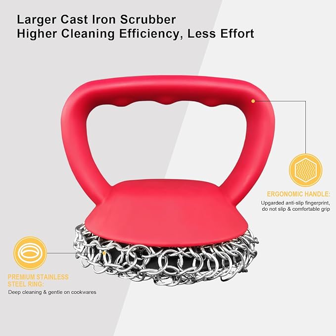 Cast Iron Scrubber with Handle 316L （Ergonomic Non-Slip Grip Cleaner for cast Iron skillets, Pans, and Dutch ovens – Stainless Steel Chainmail Cleaning pad, Durable and Dishwasher Safe）