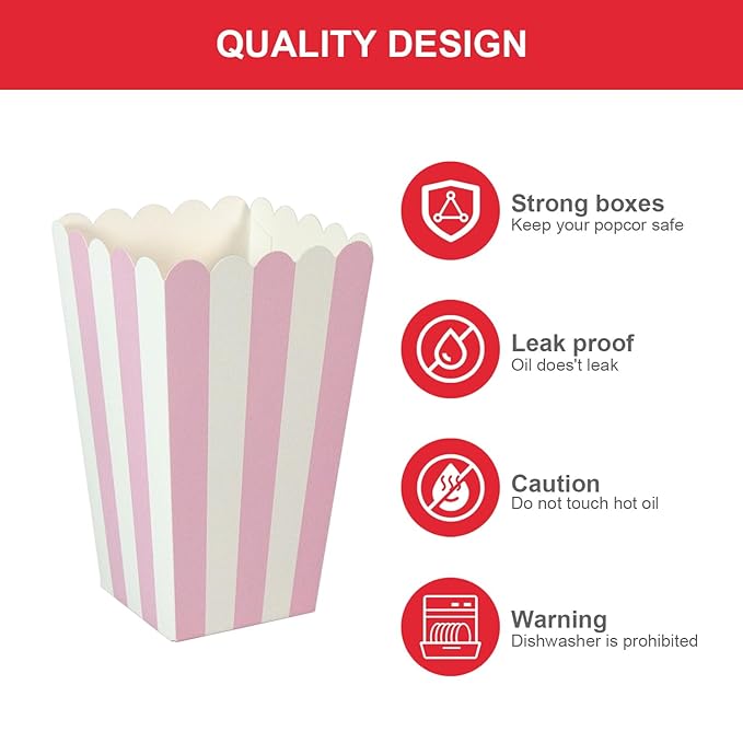 XIEHE 24 Pack Striped Popcorn Boxes - Carnival Parties Mini Paper Popcorn and Candy Containers, Party Supplies for Movie Nights (Pink)