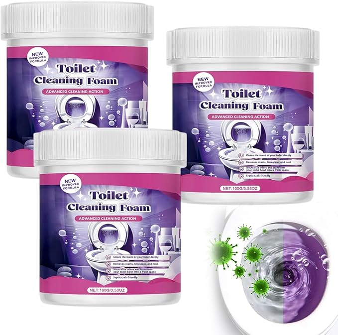 Toilet Cleaner – Touch Free Foaming Powder for Deep Cleaning, Limescale & Rust Stain Removal, No-Scrub Toilet Bowl Cleaning Foam, Septic Safe Bathroom & Multi-Surface Home Cleaning Powder (3pcs)