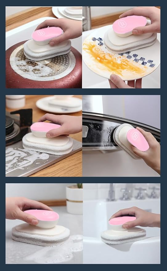 No-Scratch Scouring Pad Brush Whit Comfortable Handle,Cleaning Brush for Kitchen Bathroom Bathtub Toilet Swiming Pool,Dish Brush,No-Scratch Sponge Cleaning Scrubber (Pink)