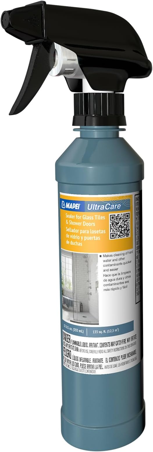 Mapei UltraCare Sealer for Glass Tiles & Shower Doors, 12 oz Spray, Easy-to-Use Protective Barrier for Water Repellency, Reduces Soap Scum & Hard Water Buildup, Keeps Glass Cleaner Longer