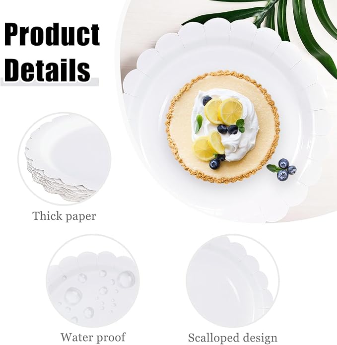 HEIPINIUYE 25 Pieces White Paper Plates 9 Inch White Scalloped Plates Disposable Dinner Plate for Wedding Baby Shower Birthday Party Dessert Plate