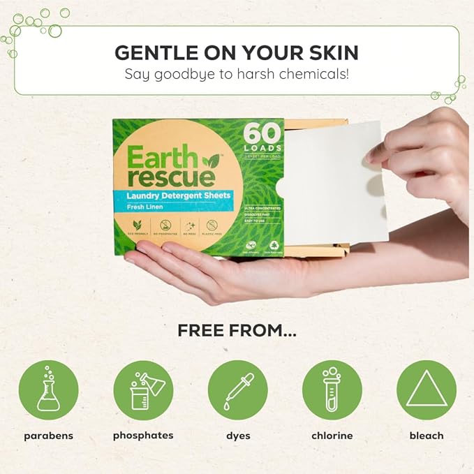 Earth Rescue Laundry Detergent Sheets - Up To 120 Loads (60 Sheets) - Ultra Concentrated Liquidless Dry Laundry Detergent, Ideal For Sensitive Skin, Eco Friendly, Plastic Free - Fresh Linen