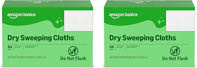 Amazon Basics Dry Sweeping Cloths for Floor Cleaning, Pet Hair, Dust, Dirt, Multi-Surface, Disposable, Fits Swiffer Sweeper Mop Heads, 64 Count (Pack of 2), Packaging May Vary