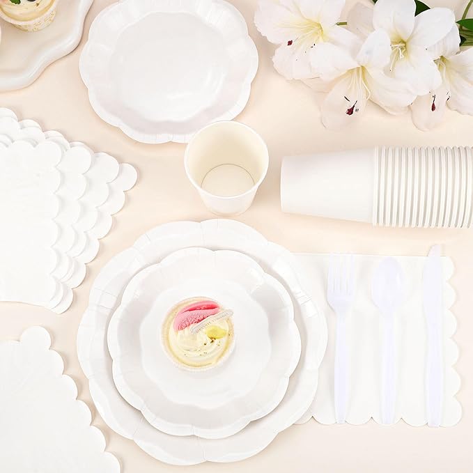 NatNarr 350 Pcs White Party Supplies Include Scalloped Plate Napkin Cup Forks Knives, Plastic Cutlery 50 Guest Disposable Parties Tableware Set for Wedding Baby Shower Bridal Shower Birthday Party