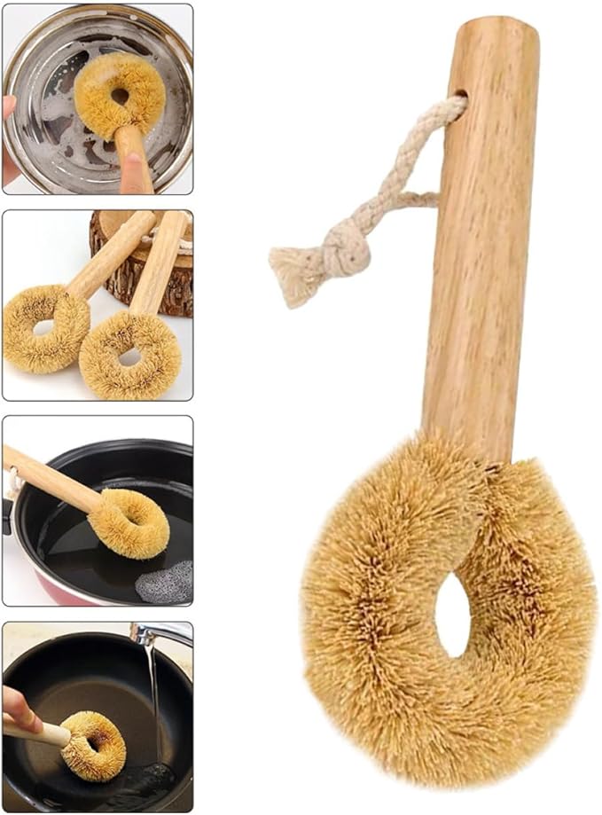 1pc Wooden Handle Coconut Palm Pot Scrubber Brush for Kitchen Cleaning Natural Bowl Cleaning Tool Comfortable Grip for Pots Pans and Dishes