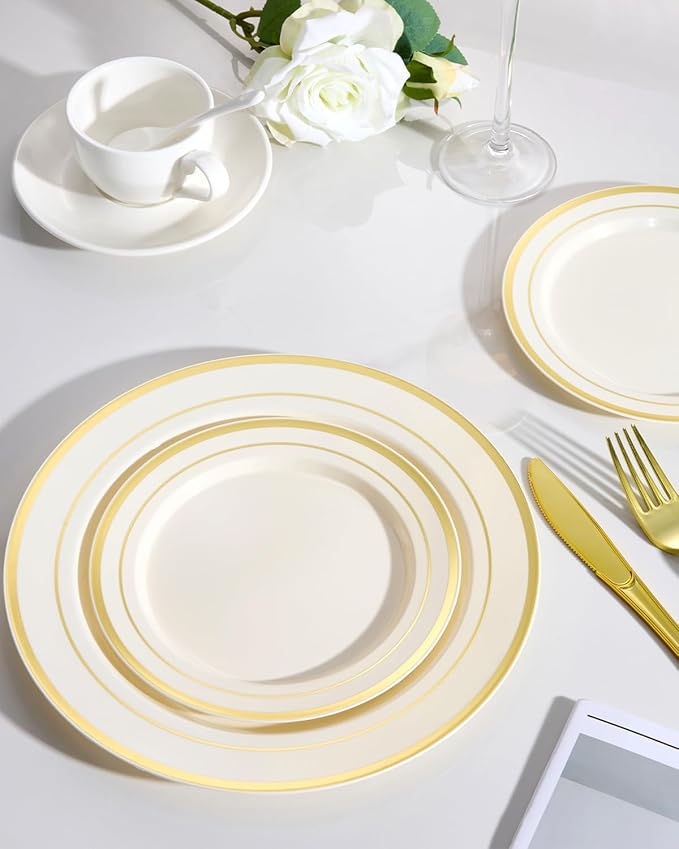 Goodluck 120 PCS Ivory and Gold Plastic Plates, Heavy Duty Disposable Ivory Plates with 60 10.25 inch Dinner Plates and 60 7.5 inch Dessert Plates for Party, Holiday, Wedding