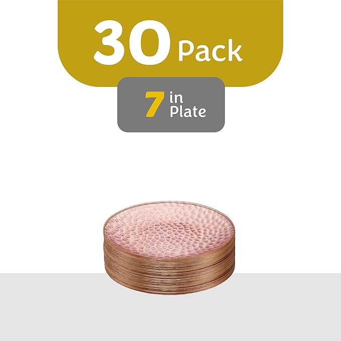 PLASTICPRO 30 Pack Hammered Plastic Plates Heavyweight Disposable Plastic Plates Elegant Clear Rim Platsic Party Dishes (Hammered Pink With Gold Rim, 7'' INCH PLATES)