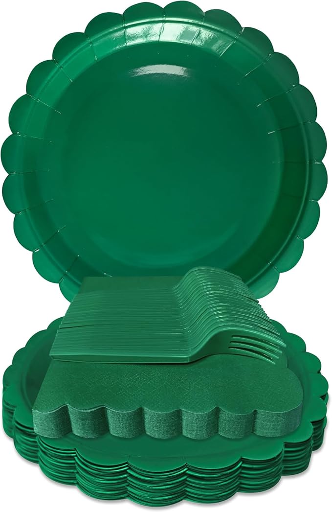 Dark Green Paper Plates and Napkins,7 Inch Dark Green Scalloped Disposable Dessert Plates Paper Napkin Fork Party Supplies for Wedding Baby Shower Birthday(25 Guest)