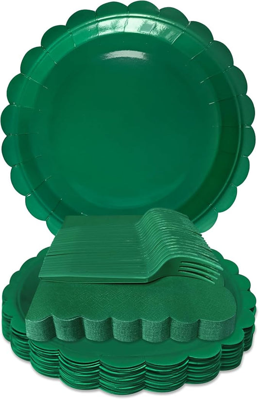 Dark Green Paper Plates and Napkins,7 Inch Dark Green Scalloped Disposable Dessert Plates Paper Napkin Fork Party Supplies for Wedding Baby Shower Birthday(25 Guest)