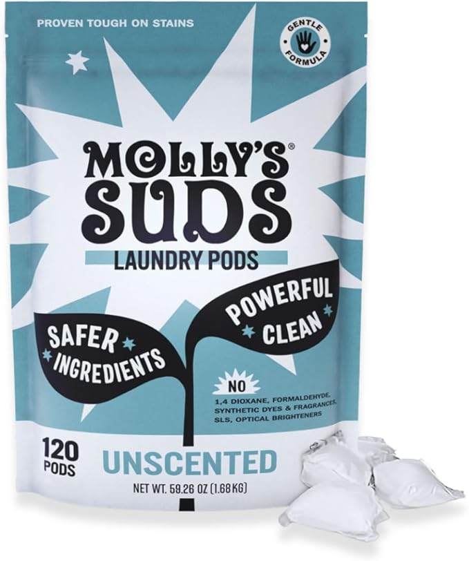 Molly's Suds Laundry Detergent Pods | Clean Detergent for Sensitive Skin | Ultra Concentrated and Stain Fighting | Unscented - 120 Count (Value Pack)