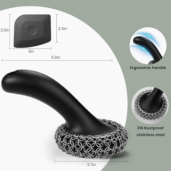 Cast Iron Scrubber with Long Handle | 316 Cast Iron Cleaner Chainmail Scrubber for Cast Iron Pan Skillet Cleaner - Dish Scouring Pad Dishwasher Safe Cleaning Kit (Black, 1 Scrubber + 1 Scraper)