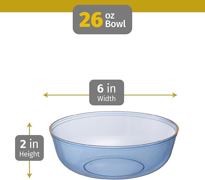 PLASTICPRO Plastic Party Plates Edge Collection Premium heavyweight Elegant Disposable Tableware Dishes (TRANSLUCENT BLUE WITH GOLD RIM, 16 OZ BOWLS)