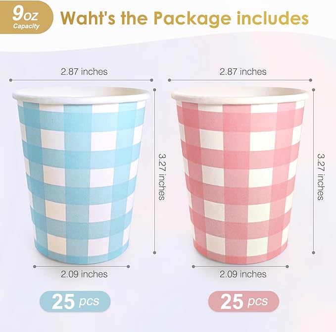 Light Blue and Pink Paper Cups,9 Oz Gingham Light Blue and Pink Disposable Cups,Paper Cups for Birthday Wedding Party Supplies(50 Pcs)