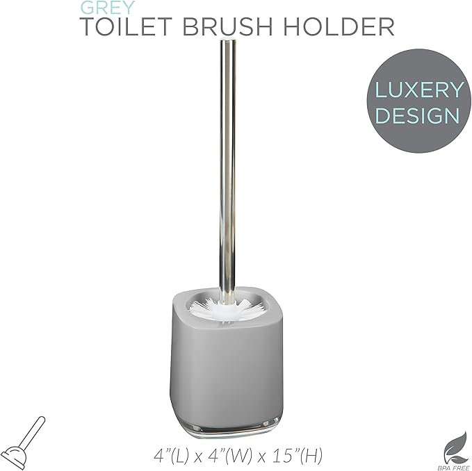 Bath Bliss Luxury Toilet Brush and Holder Set | Bathroom Cleaning | 360 Degree Brush | Short Design | Décor | Stainless Steel | Grey