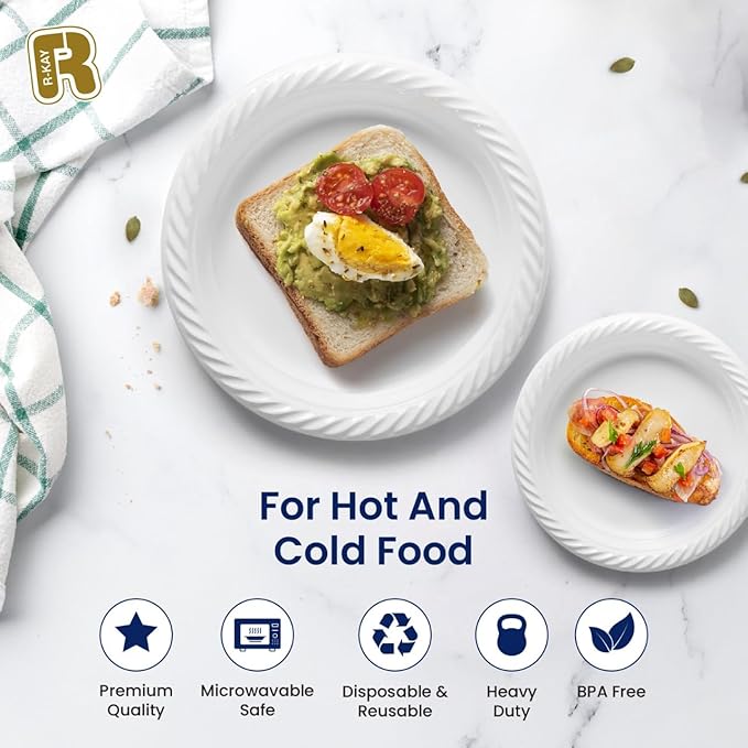 R-kay 100 Pack 7 Inch Plastic Plates Disposable - Heavy Duty White Disposable Plates - Microwavable Disposable Plastic Plates (100, 7 Inch)