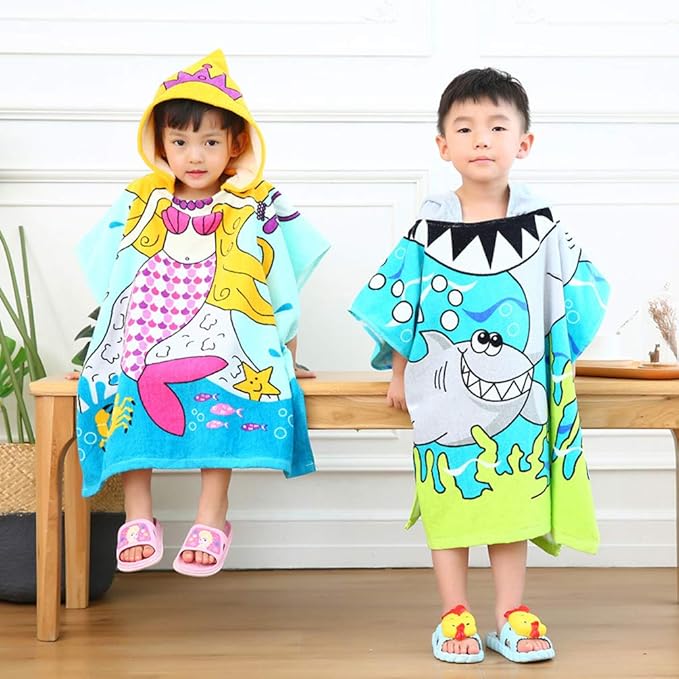 TONWHAR Soft Cotton Hooded Beach Towel Poncho for Kids Bath Pool Beach Swim Boys Girls Cartoon Cover-up Cape (Mermaid)