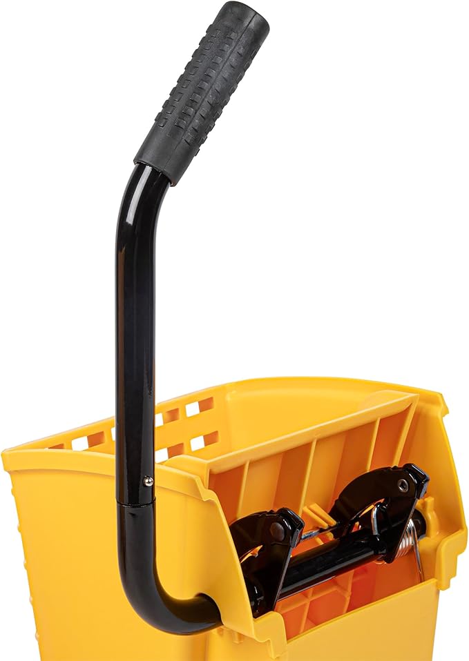 Restaurantware RW Clean 38 Quart Industrial Mop Bucket 1 Combo Mop Wringer Bucket - With Side Press Wringer Built-In Casters Yellow Plastic Commercial Mop Bucket Carry Handle For Commercial Use