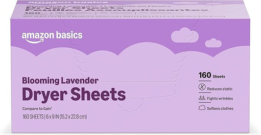Amazon Basics Dryer Sheets Laundry Fabric Softener, Blooming Lavender, Reduces Static Cling, Fights Wrinkles, 160 Count