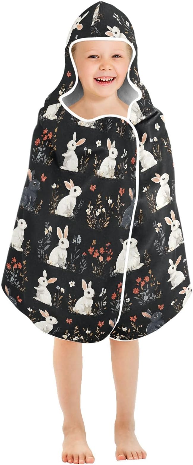 Beach Towel Cartoon Cute Bunny Black Hooded Beach Towel for Girl Boy Soft Kids Bath Towels with Hood