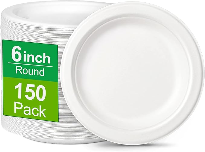 150 Pack Small Paper Plates 6 inch, 100% Compostable Plates Eco Friendly Disposable Plates, Paper Plates Heavy Duty for Dessert Cake Appetizer, White