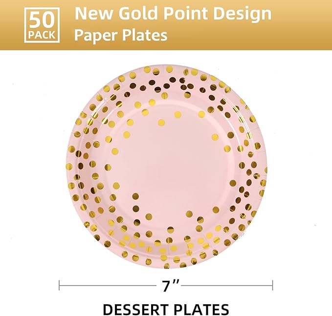 Pink & Gold Dots Disposable Paper Plates, 50 PCS Party Supplies Dessert Plates for Birthday Wedding Bridal Shower (7 Inches)
