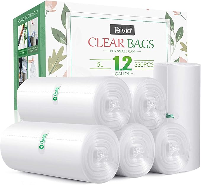 1.2 Gallon 330 Counts Small Trash Bags Garbage Bags by Teivio, Bathroom Trash Can Bin Liners, Small Plastic Bags for home office kitchen (Clear)