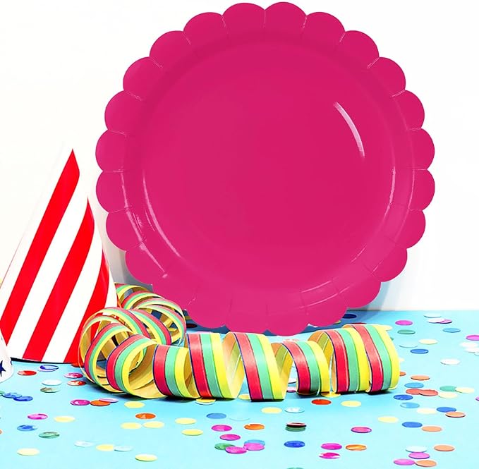 HEIPINIUYE 25 Pieces Hot Pink Paper Plates 9 Inch Disposable Hot Pink Scalloped Dinner Plates for Wedding Baby Shower Birthday Party Dessert Plate