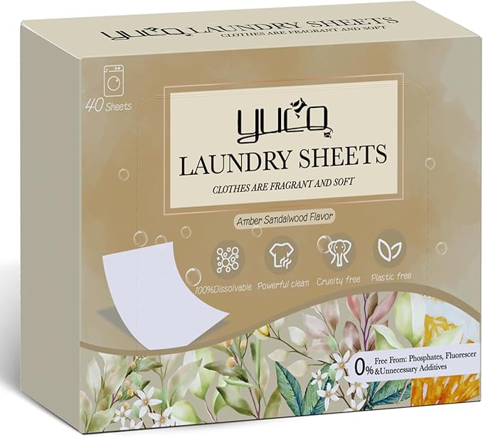 YUCO Laundry Sheets Detergent 80 Loads Plastic Free Sheet No Plastic Jug Concentrated Eco Sheets Laundry Detergent Hypoallergenic Amber Sandalwood Scent