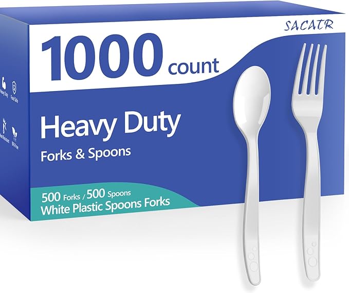 SACATR 1000 Count White Plastic Cutlery Set (500 Spoons 500 Forks) Heavy Duty Disposable Bulk Silverware for Restaurant Catering Events
