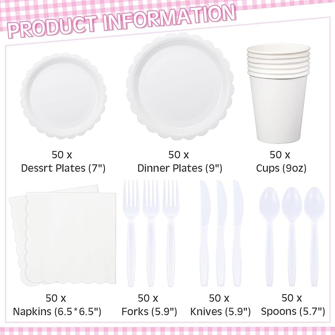 Ziliny 350 Pcs White Plates and Napkins, 50 Guest White Party Supplies Include Scalloped Paper Plates Napkins Cups Plastic Spoons Forks Knives Disposable Tableware Set for Weeding Bridal Baby Shower